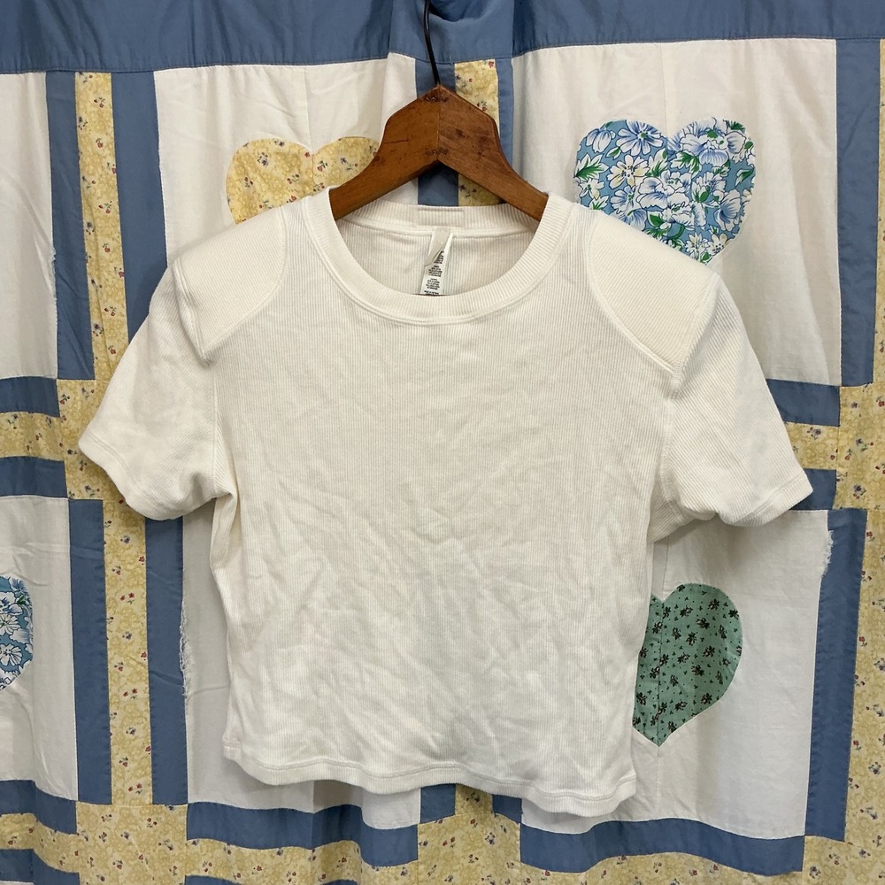 Skims White Ribbed Crop Tee Padded Shoulders Short Sleeve Stretch Top